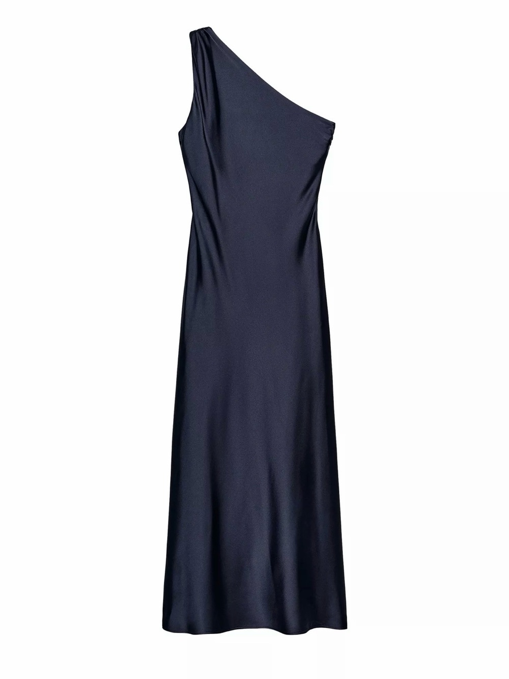 ASYMMETRIC SATIN MIDI DRESS-One-Shoulder Navy Evening Dress